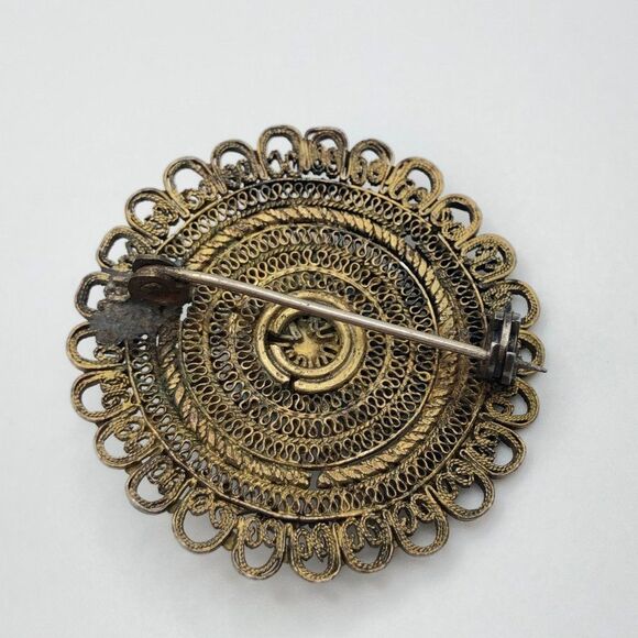 Vintage Turquoise Filigree Brass Brooch Middle Eastern Brooch Pin - Picture 2 of 3